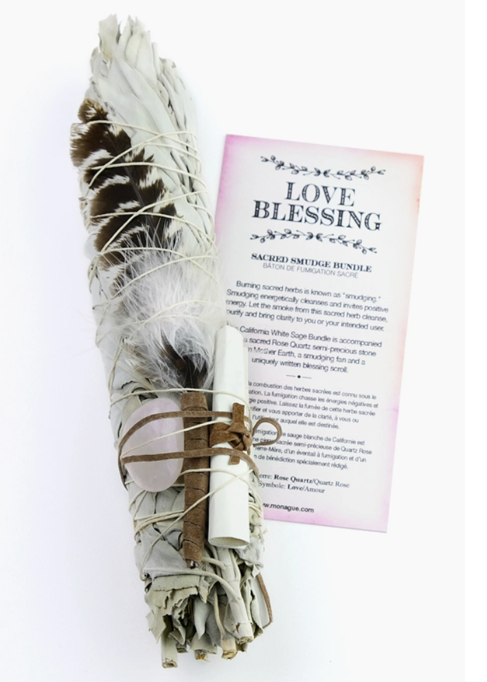 Blessing smudge bundle with rose quartz